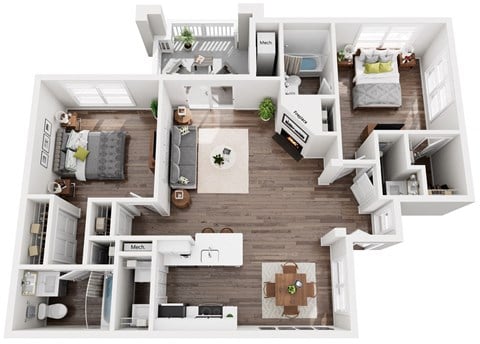 3D floor plan of a two bedroom two bathroom apartment at Cambridge Apartments in Raleigh, NC